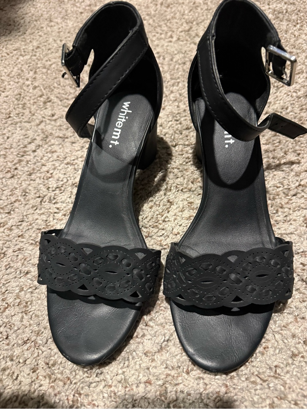 WHIT Black Laser-Cut Ankle-Strap Block Heel Sandals